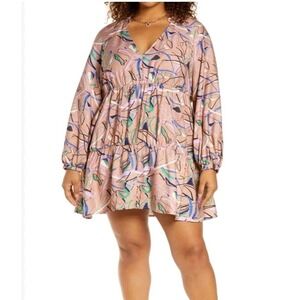 Open Edit Tiered Printed Babydoll Mini Dress‎ Long Sleeve V-neck Peach XXL Boho